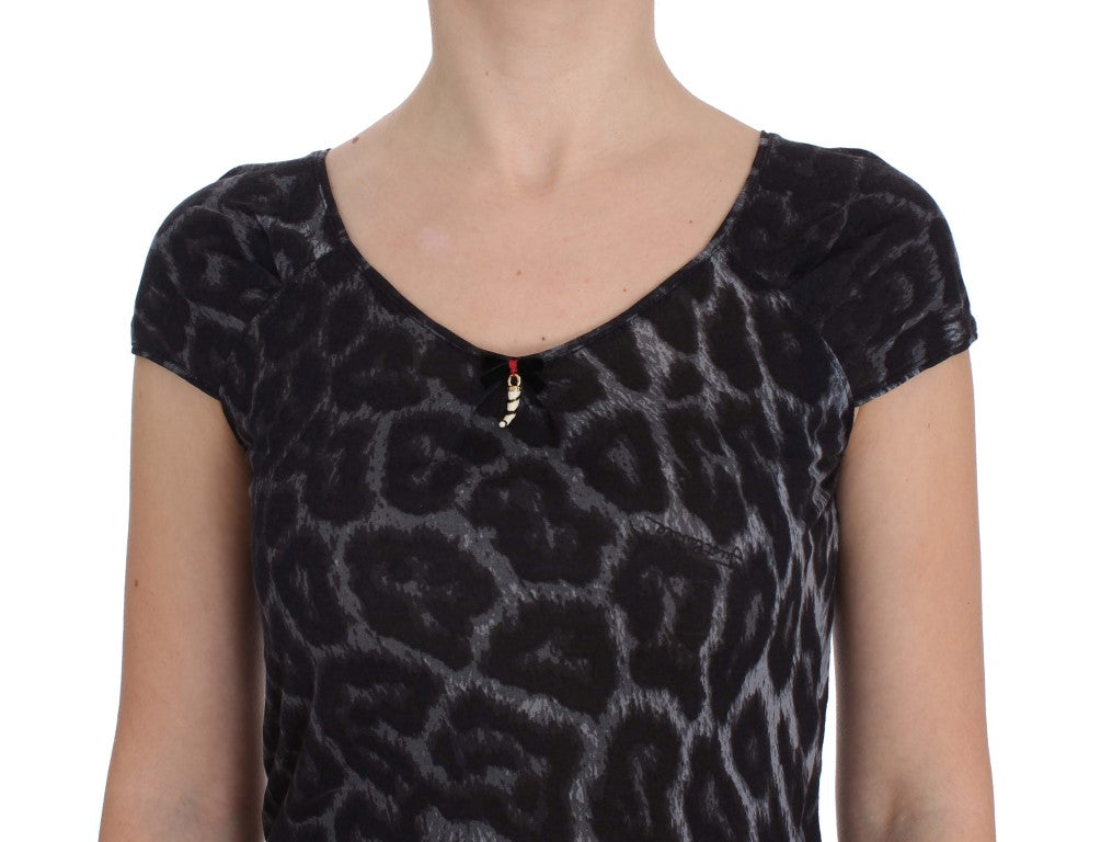 Cavalli Graues T-Shirt-Blusenoberteil aus Modal mit Leopardenmuster