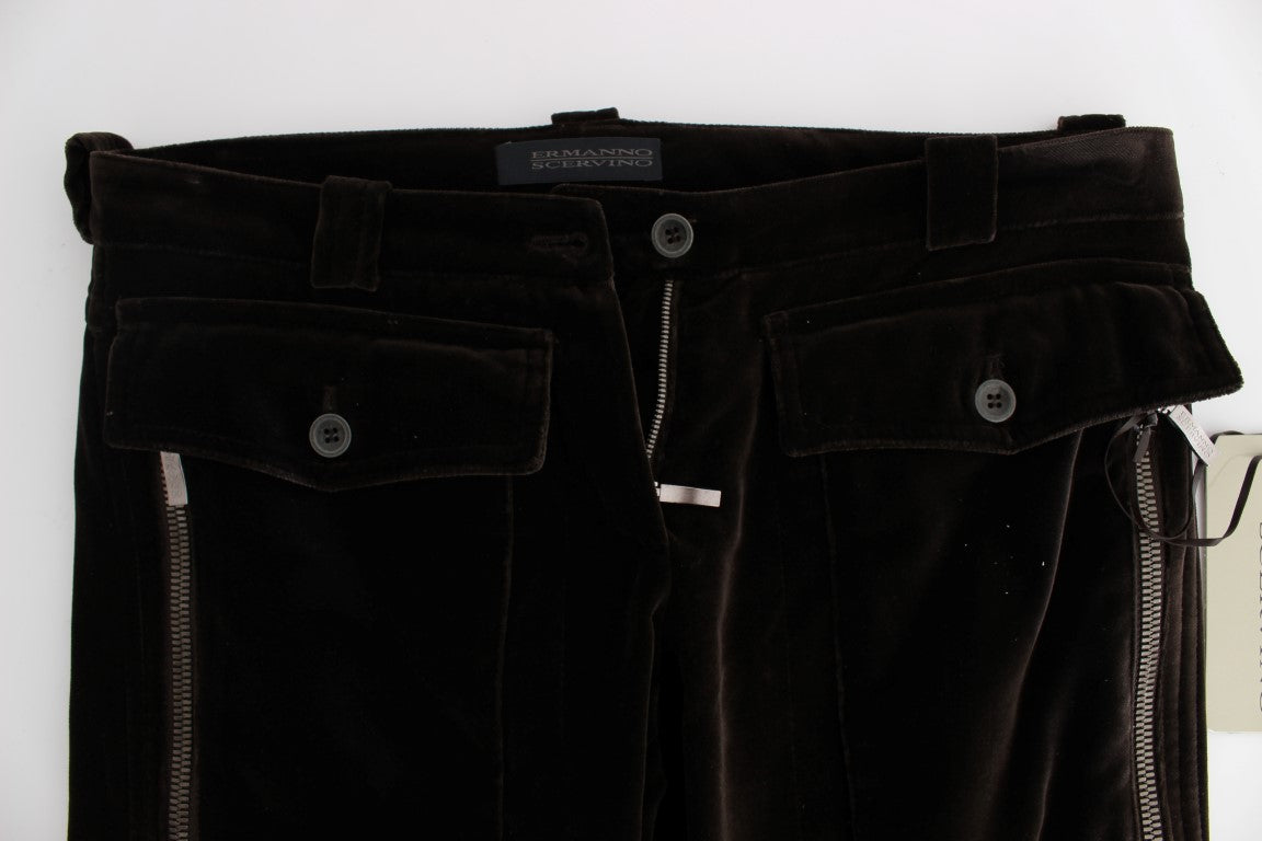 Ermanno Scervino Braune Slim-Fit-Hose aus Baumwollsamt mit Reißverschlüssen