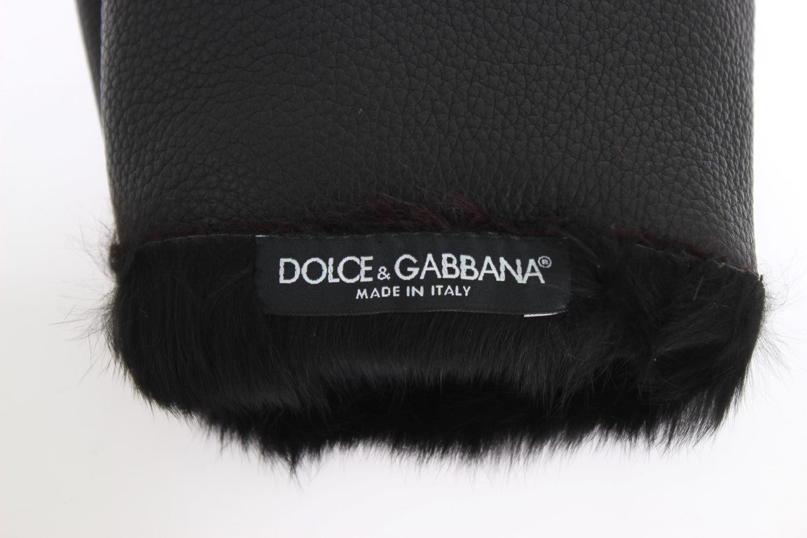 Dolce &amp; Gabbana Schwarze Lammfellhandschuhe aus bordeauxrotem Leder