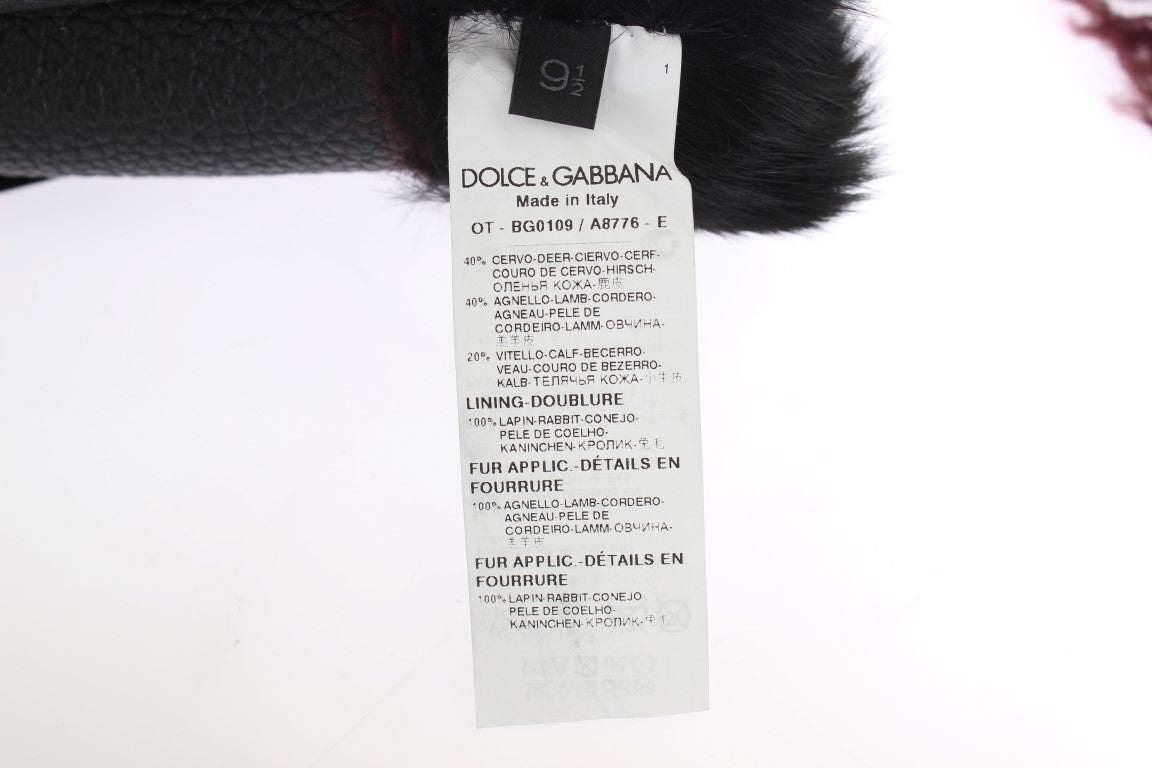 Dolce &amp; Gabbana Schwarze Lammfellhandschuhe aus bordeauxrotem Leder