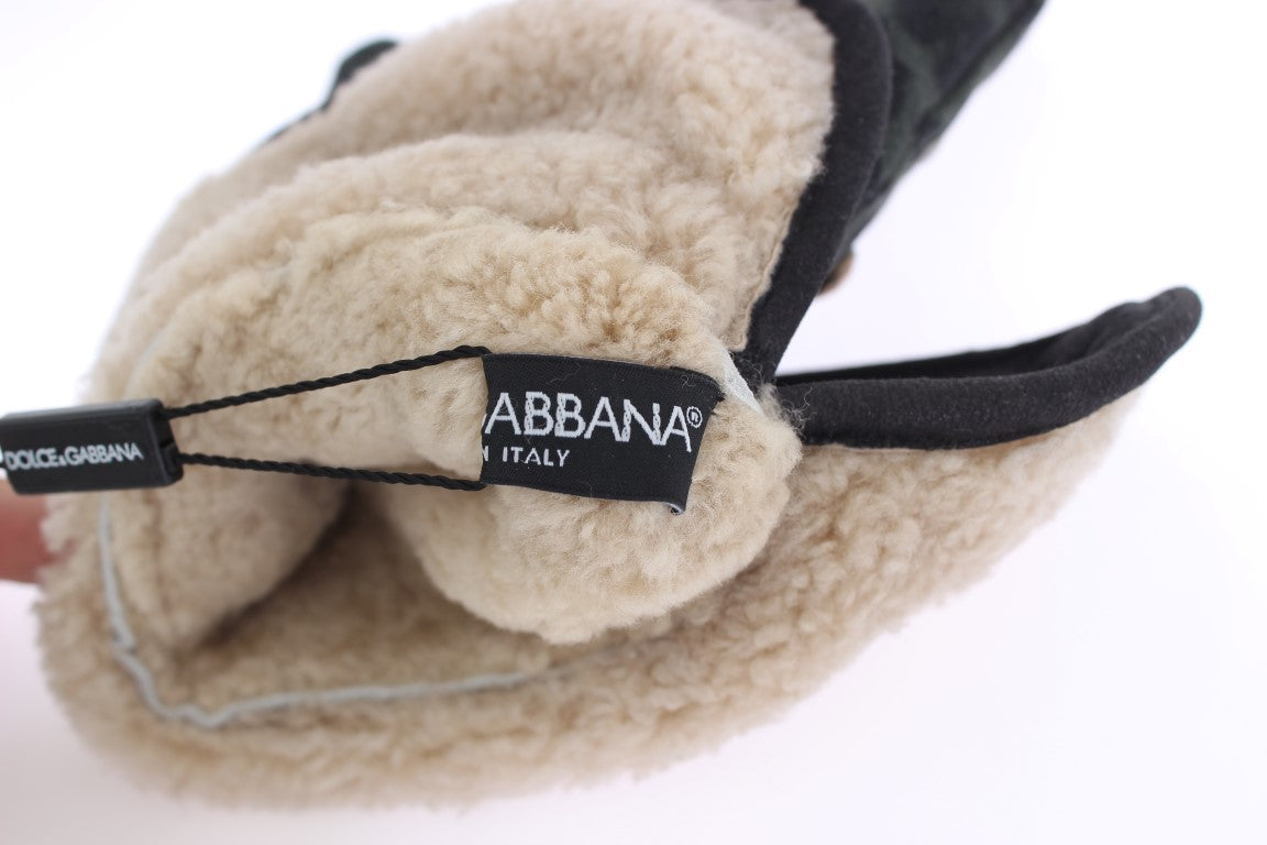 Dolce &amp; Gabbana Handschuhe aus grauem Woll-Lammfell mit Nieten und grünem Leopardenmuster