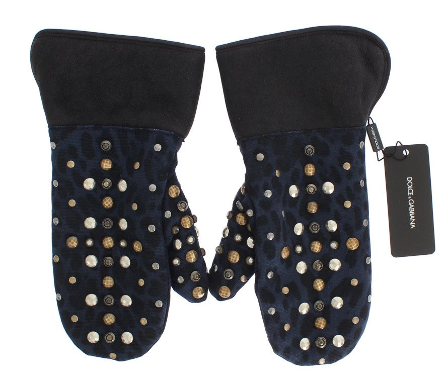 Dolce &amp; Gabbana Handschuhe aus grauem Woll-Shearling mit Nieten und blauem Leopardenmuster