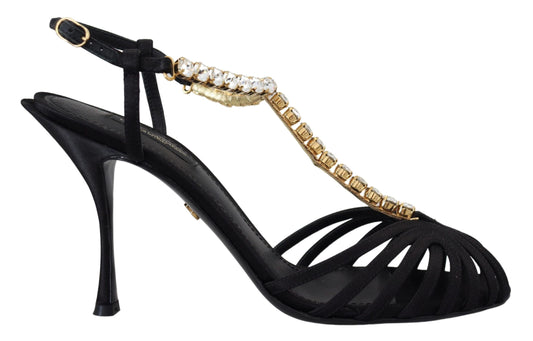 Dolce &amp; Gabbana Black Satin Clear Crystal T-strap na Sandals na Sapatos