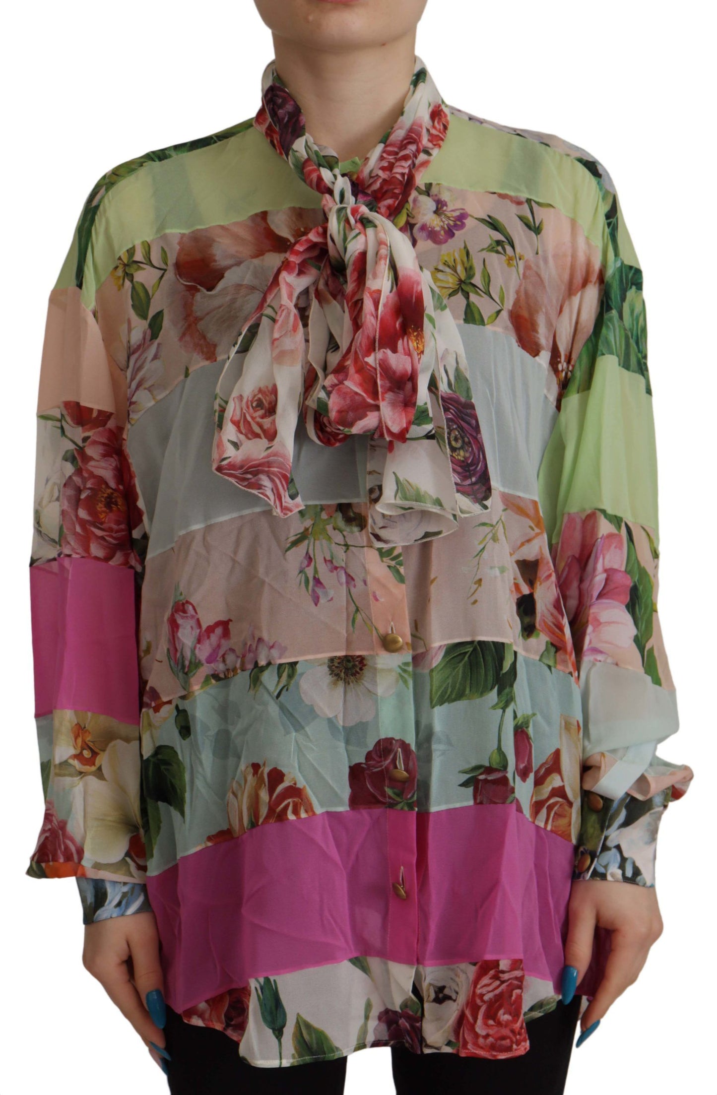 Mehrfarbige Bluse mit Ascot-Kragen im Patchwork-Design von Dolce &amp; Gabbana