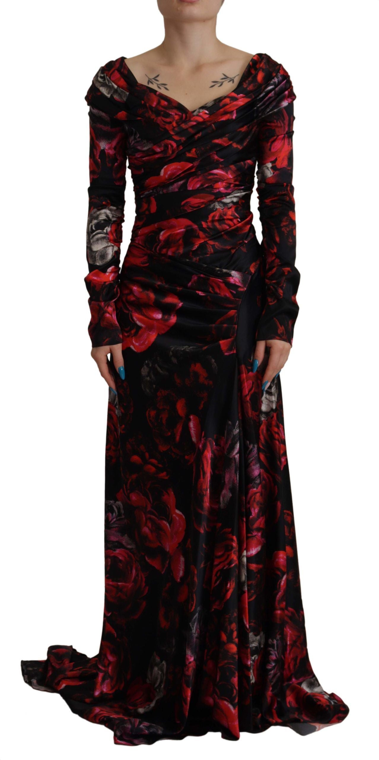 Dolce &amp; Gabbana Black Floral Roses A-Line Sheath Gown Dress