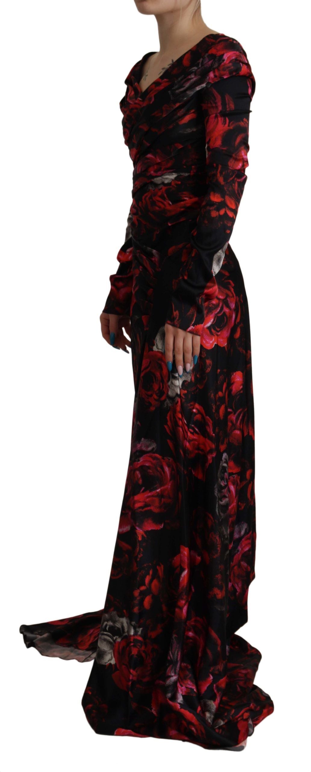 Dolce &amp; Gabbana Black Floral Roses A-Line Sheath Gown Dress