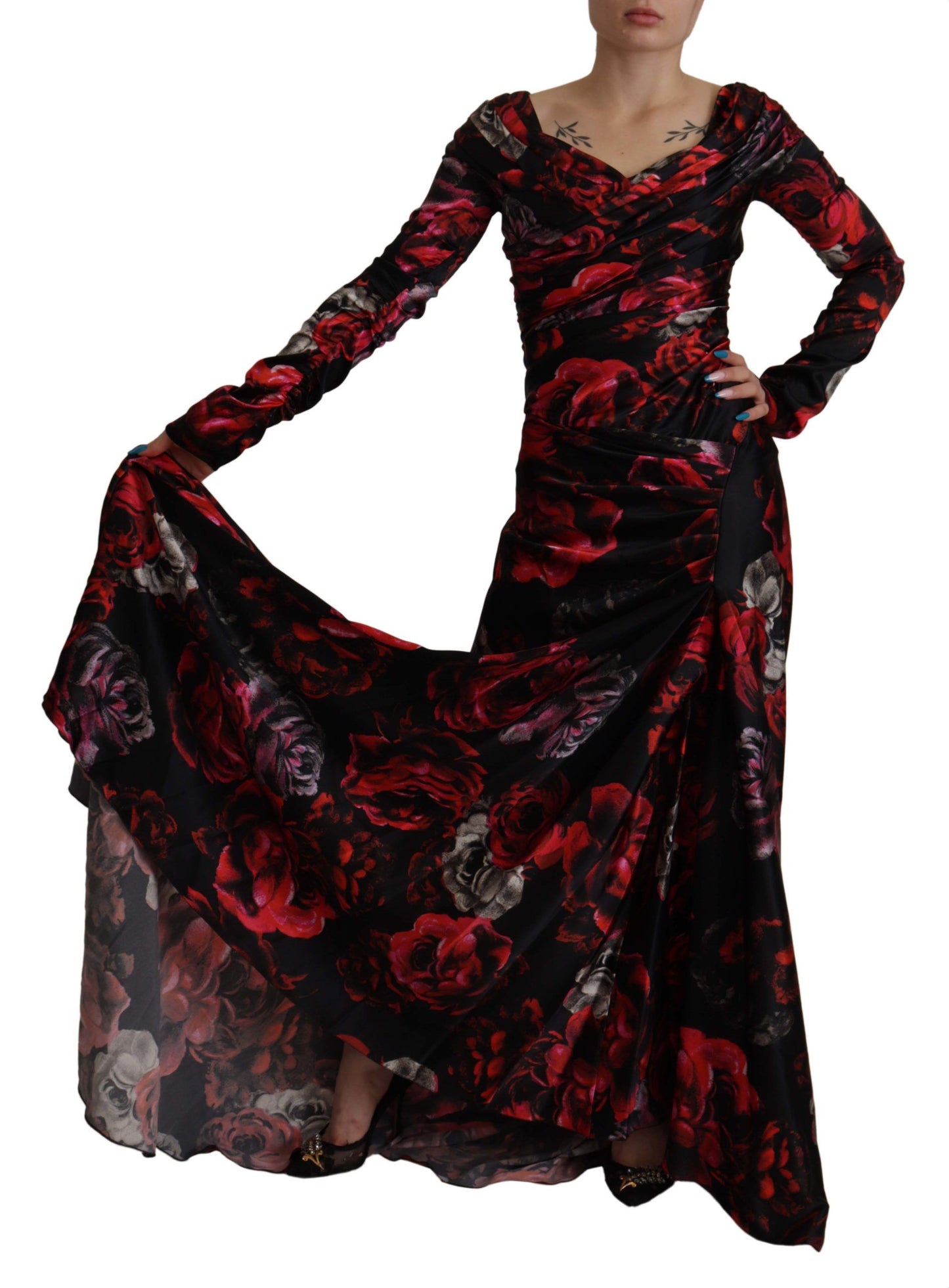 Dolce &amp; Gabbana Black Floral Roses A-Line Sheath Gown Dress