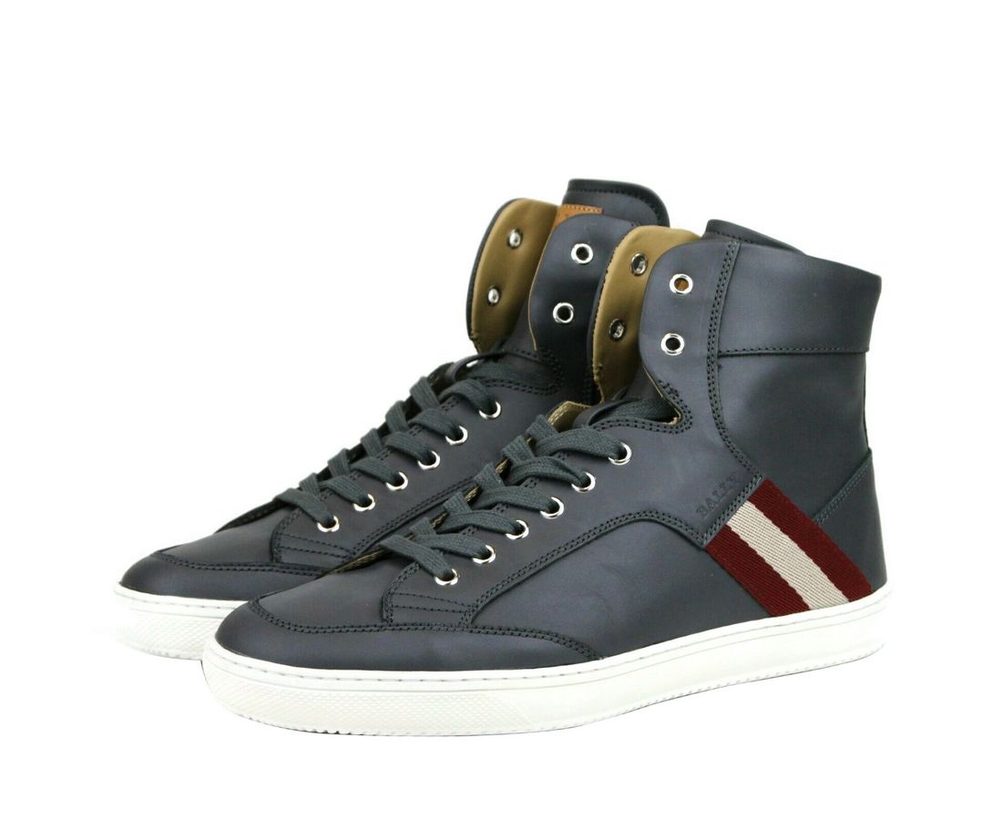 Dunkelgrauer High-Top-Sneaker von Bally aus Kalbsleder mit rotem Beige