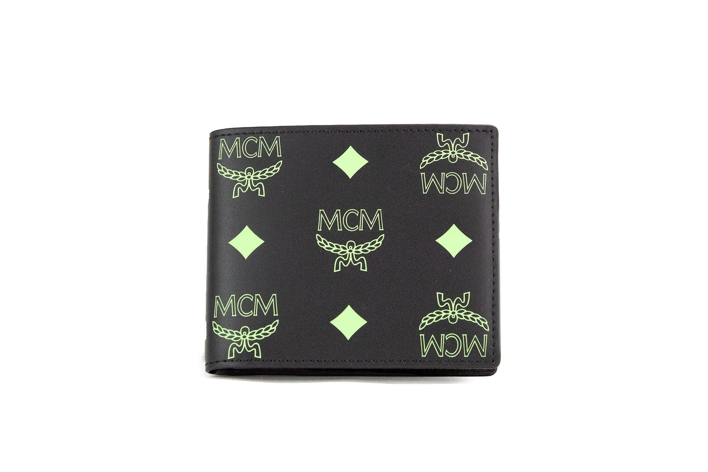 MCM Kleine Bifold-Geldbörse aus glattem Visetos-Monogramm-Logo-Leder in Schwarz, Sommergrün