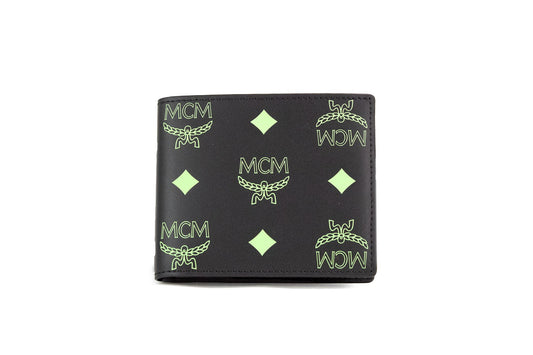 MCM Kleine Bifold-Geldbörse aus glattem Visetos-Monogramm-Logo-Leder in Schwarz, Sommergrün