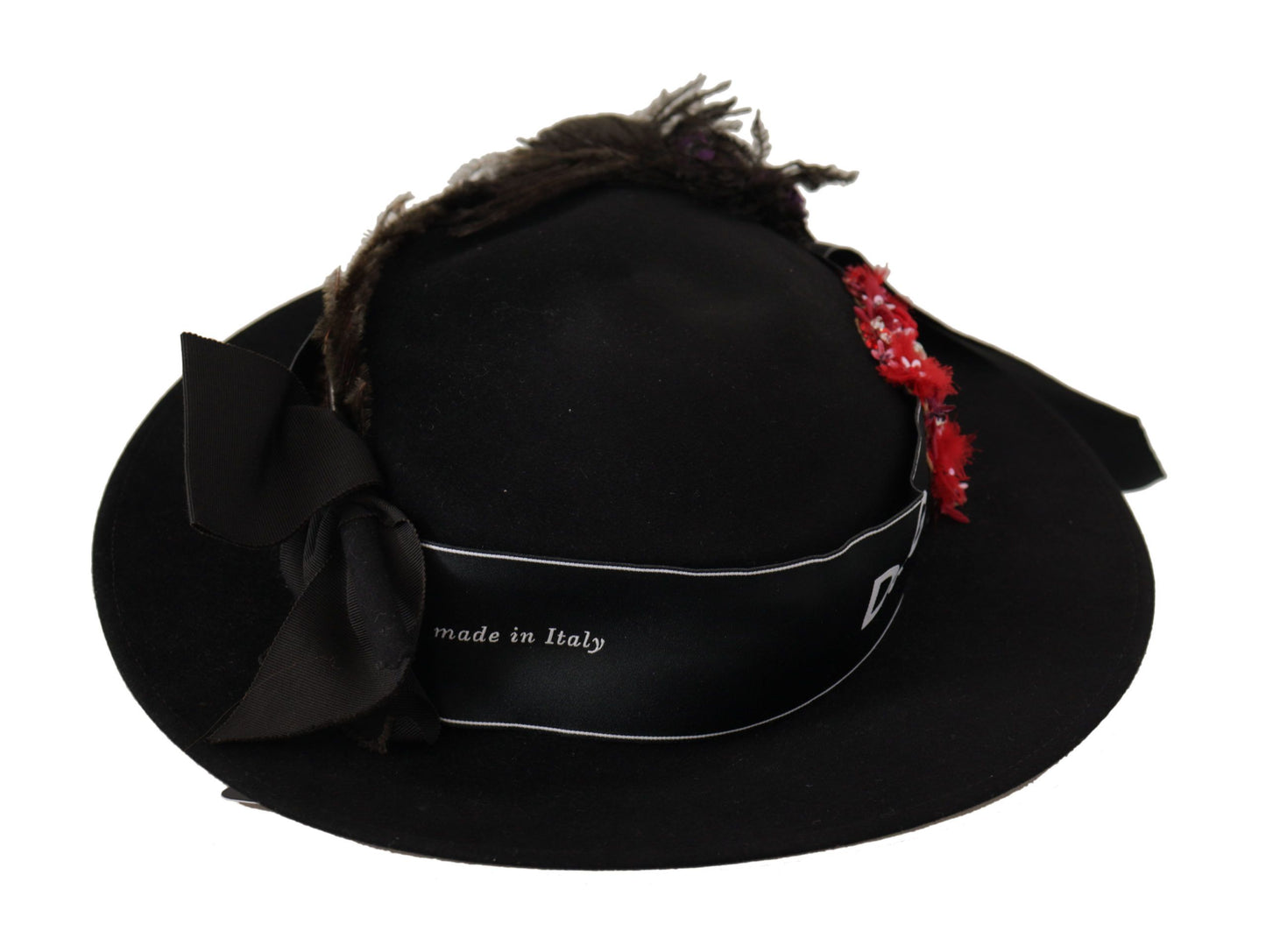 Dolce &amp; Gabbana Black Lapil Crystal Heart Feather Brooch Fedora Hat