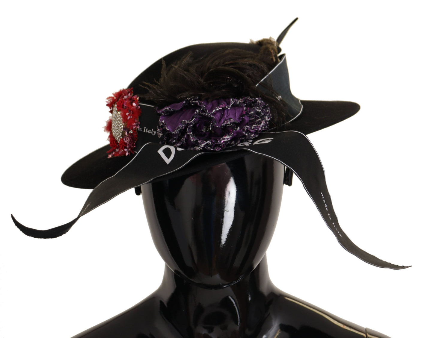 Dolce &amp; Gabbana Black Lapil Crystal Heart Feather Brooch Fedora Hat