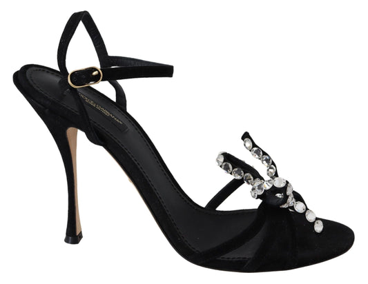 Dolce &amp; Gabbana Black Suede Crystals Heels Sandals Shoes