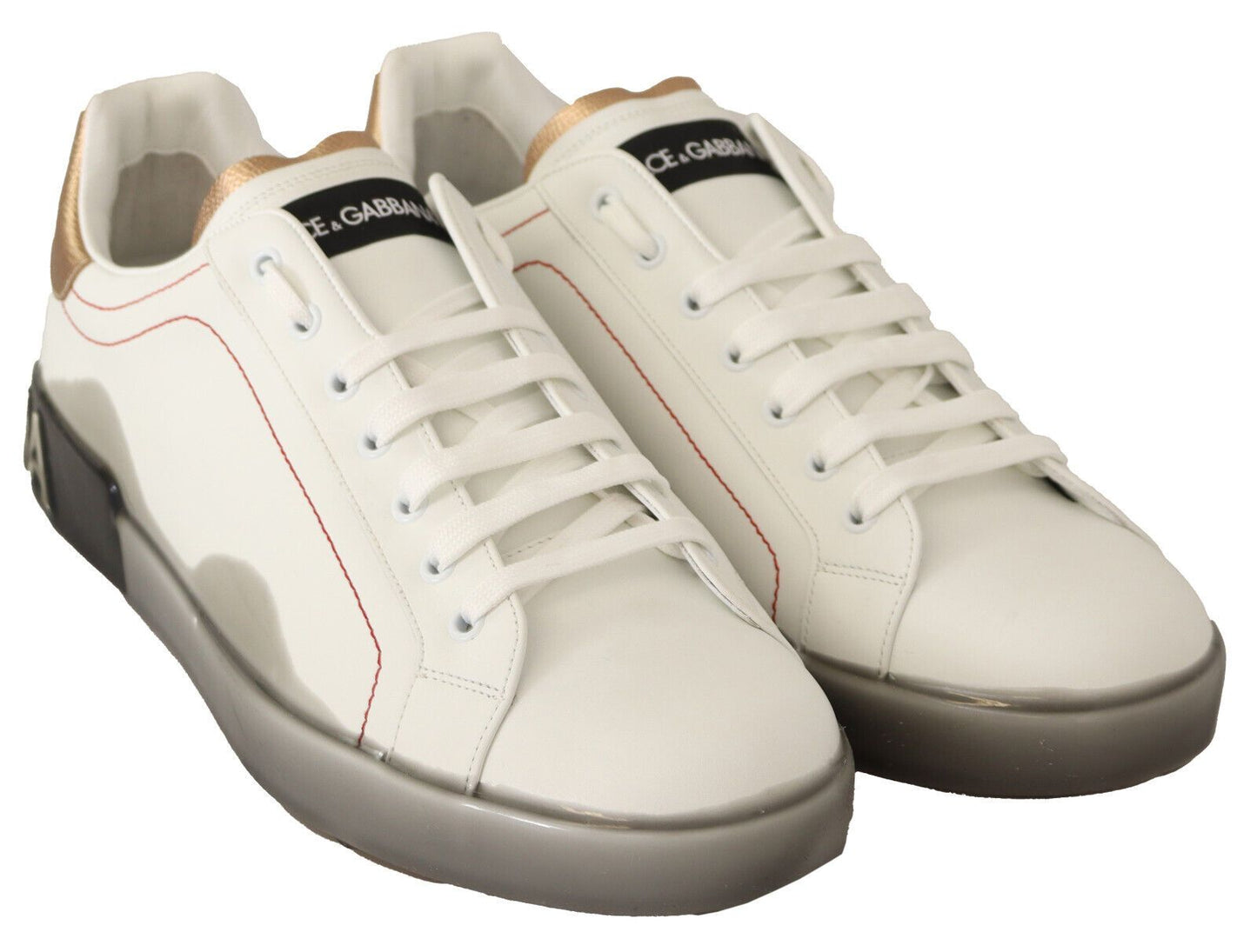 Dolce &amp; Gabbana Weißgoldene Leder-Low-Top-Sneakers, Freizeitschuhe