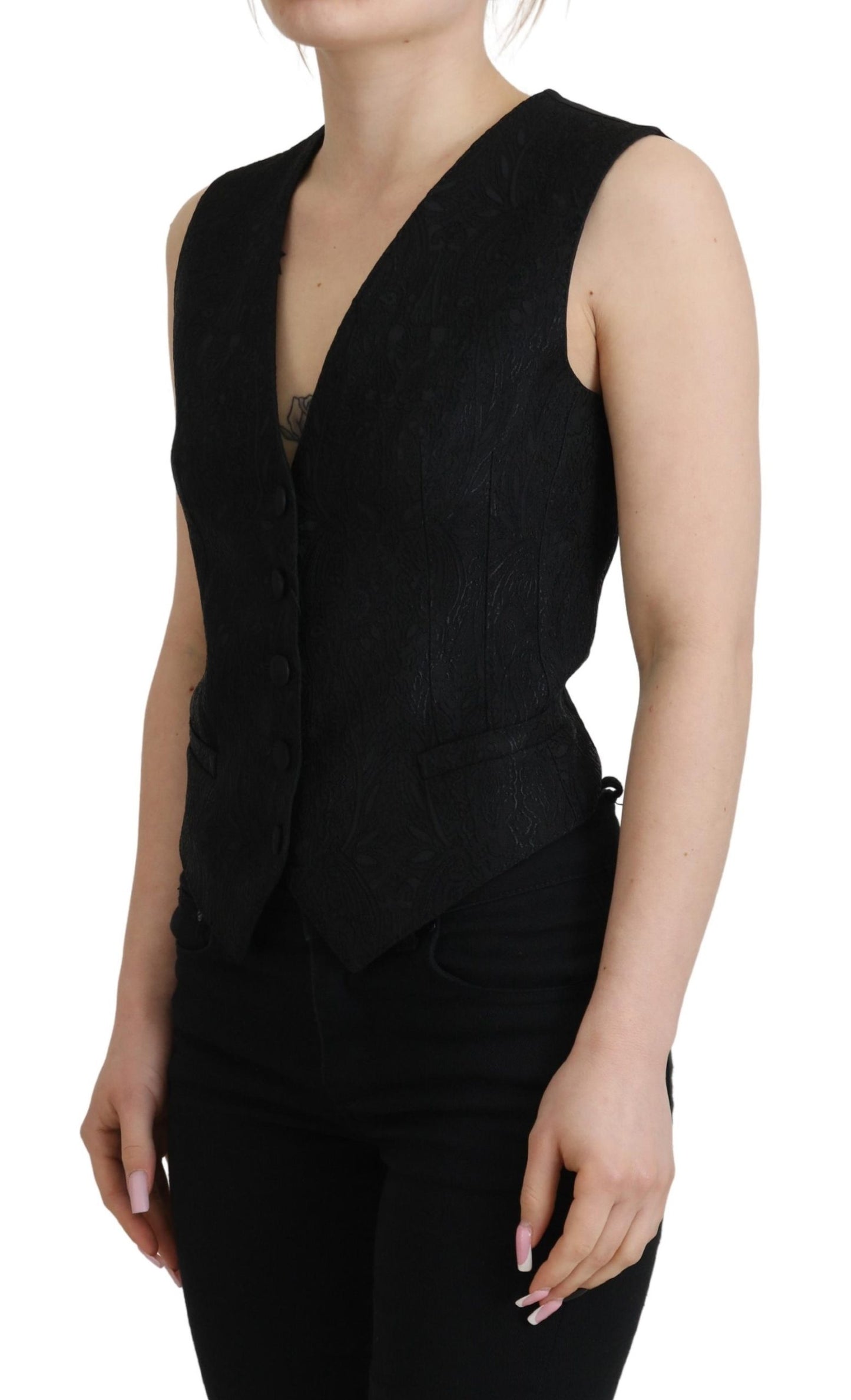 Dolce &amp; Gabbana Black Brocade Button Down Sleeveless Vest Top