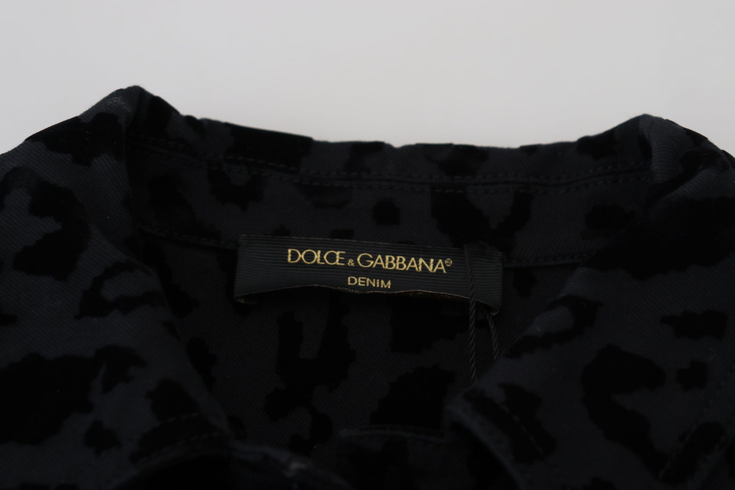 Dolce &amp; Gabbana – Schwarze, langärmlige Denim-Baumwolljacke mit Leopardenmuster