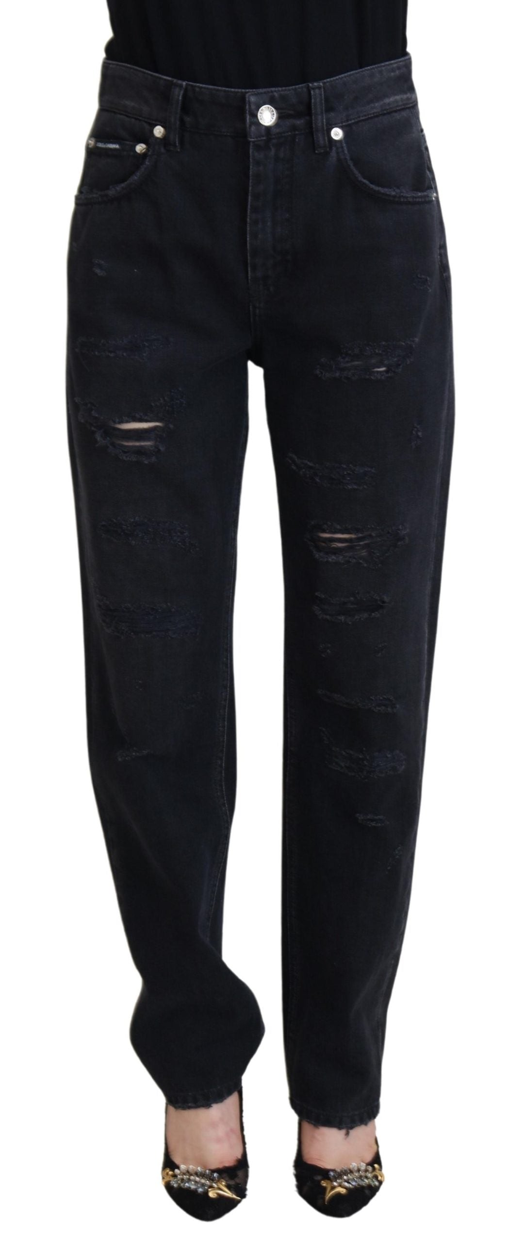 Dolce &amp; Gabbana Black Cotton Tattered High Waist Denim Jeans