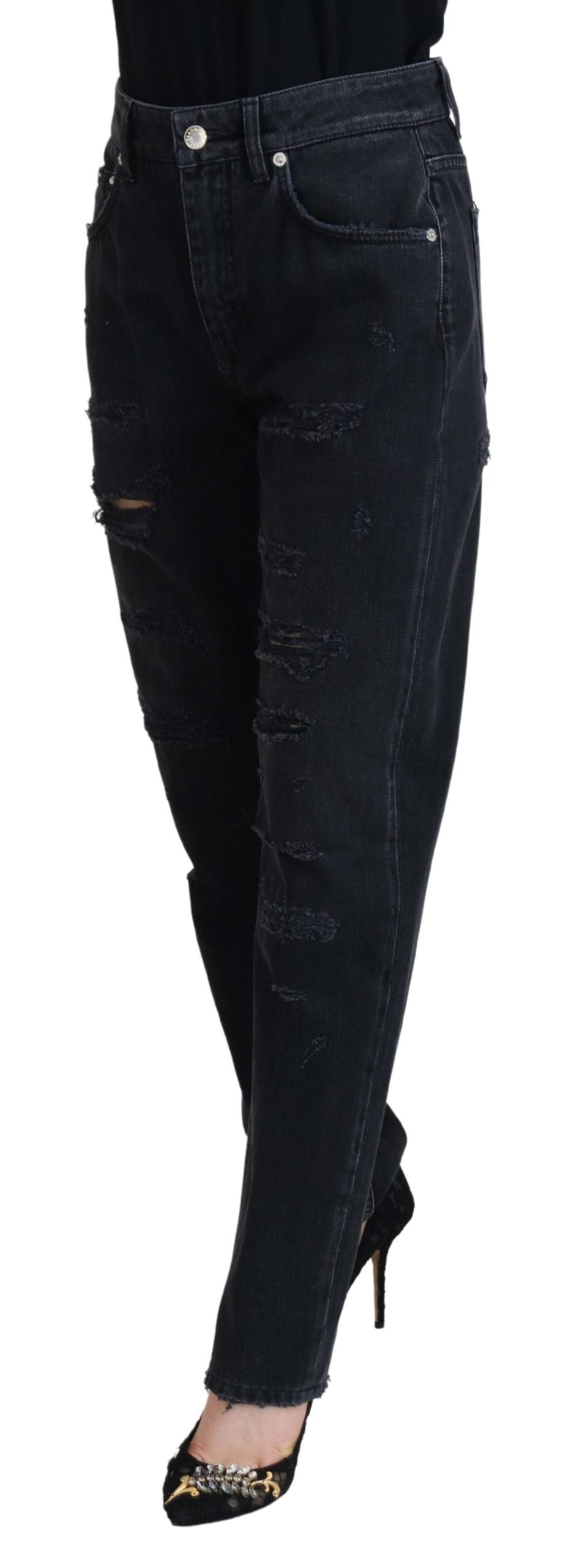 Dolce &amp; Gabbana Black Cotton Tattered High Waist Denim Jeans