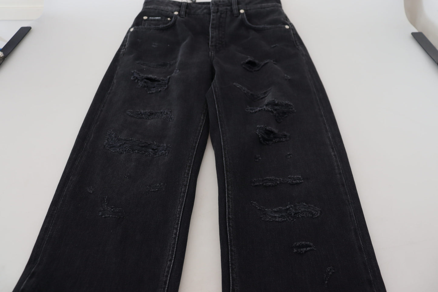 Dolce &amp; Gabbana Black Cotton Tattered High Waist Denim Jeans