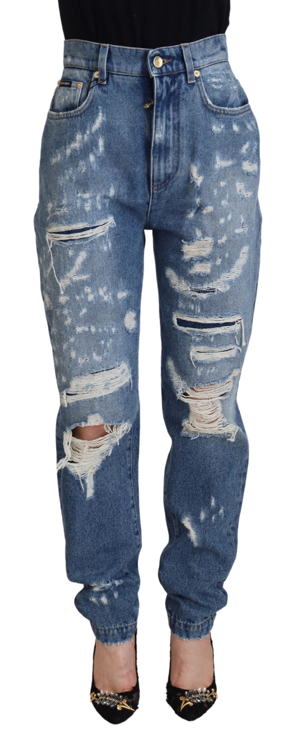 Dolce &amp; Gabbana Blue Washed Cotton Tattered Denim Jeans