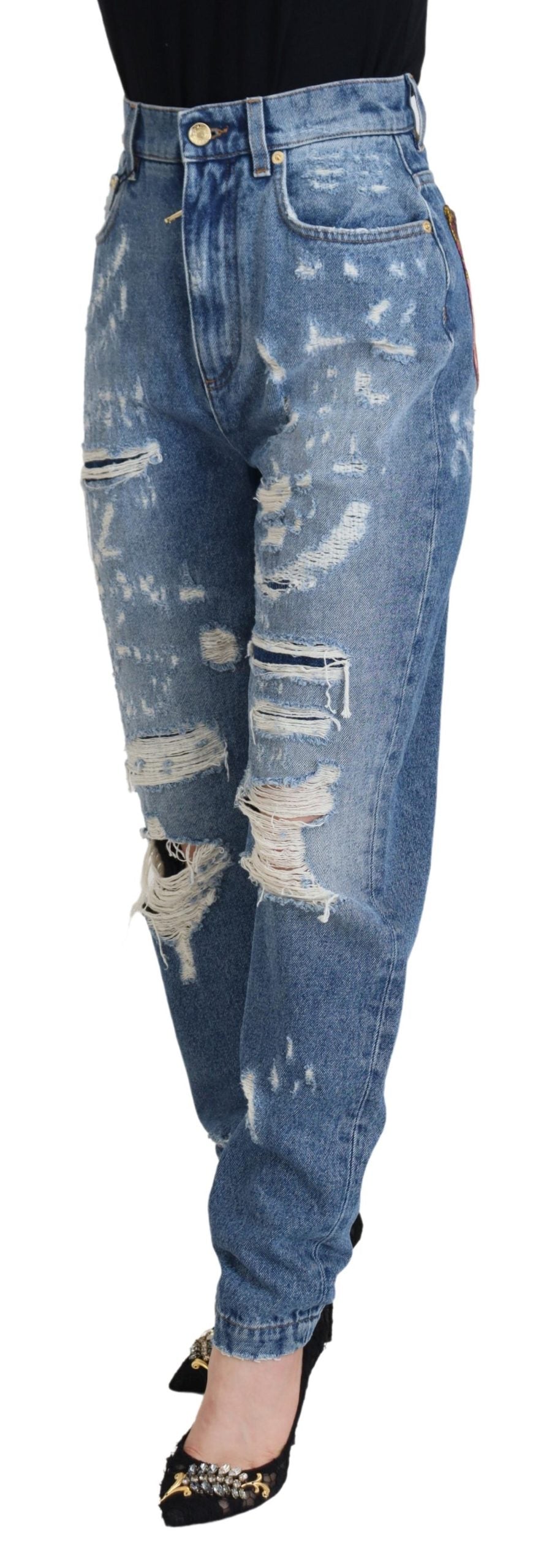 Dolce &amp; Gabbana Blue Washed Cotton Tattered Denim Jeans