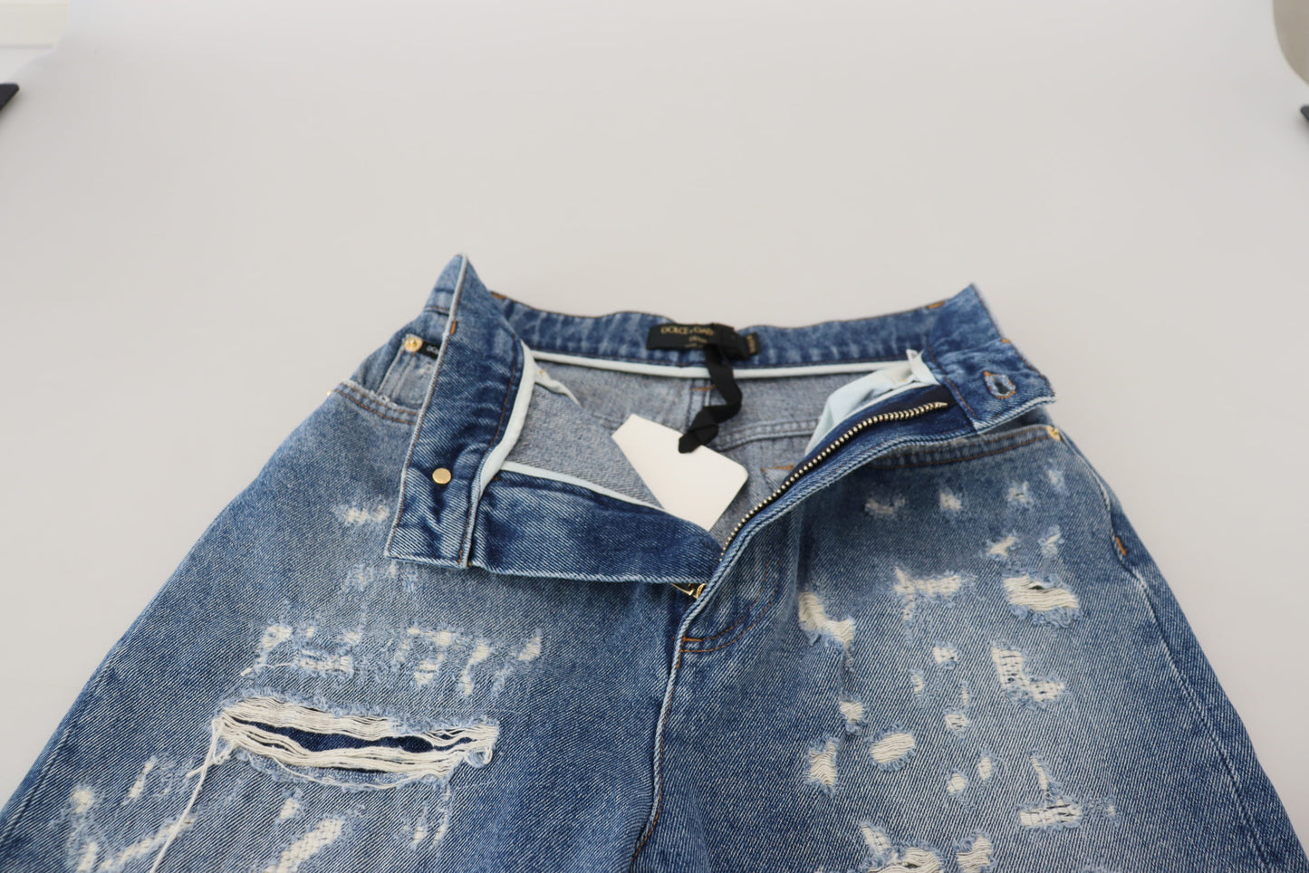 Dolce &amp; Gabbana Blue Washed Cotton Tattered Denim Jeans