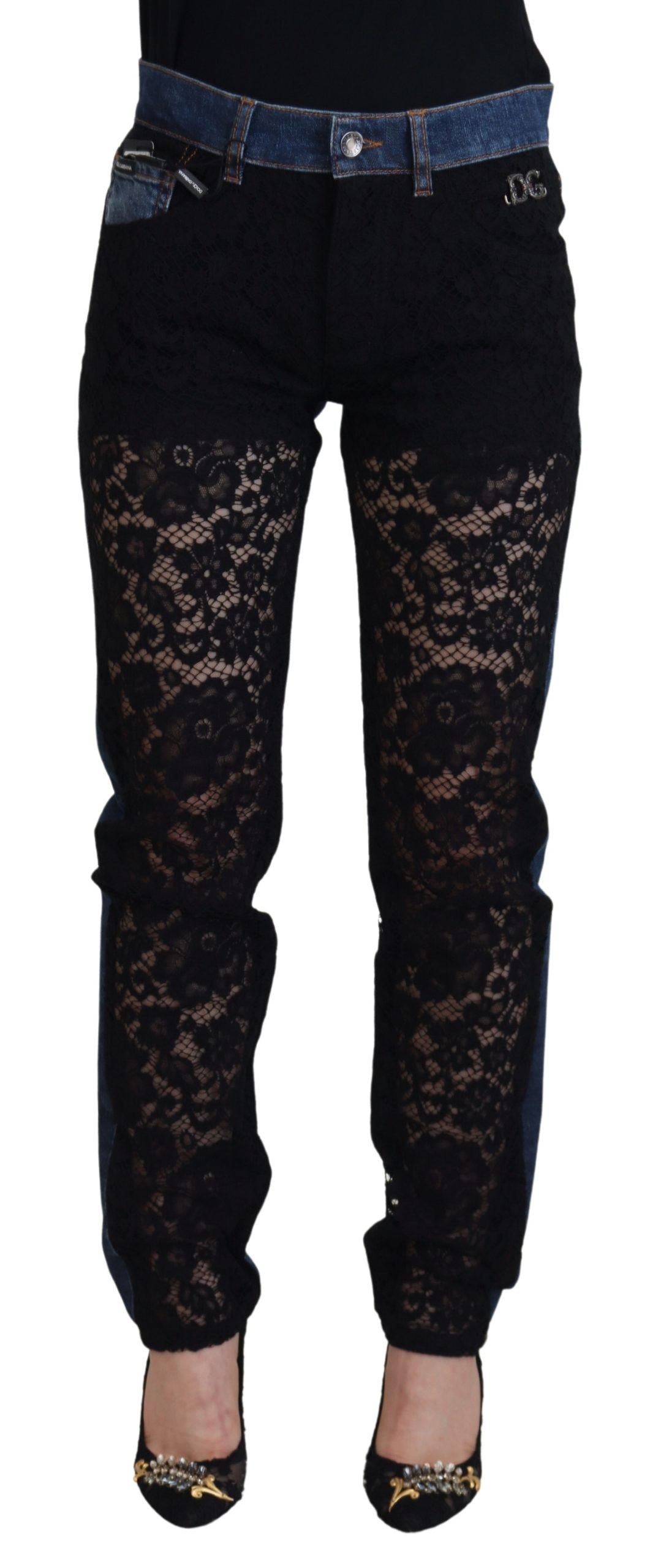 Dolce &amp; Gabbana Black Floral Lace Front Skinny Denim Jeans