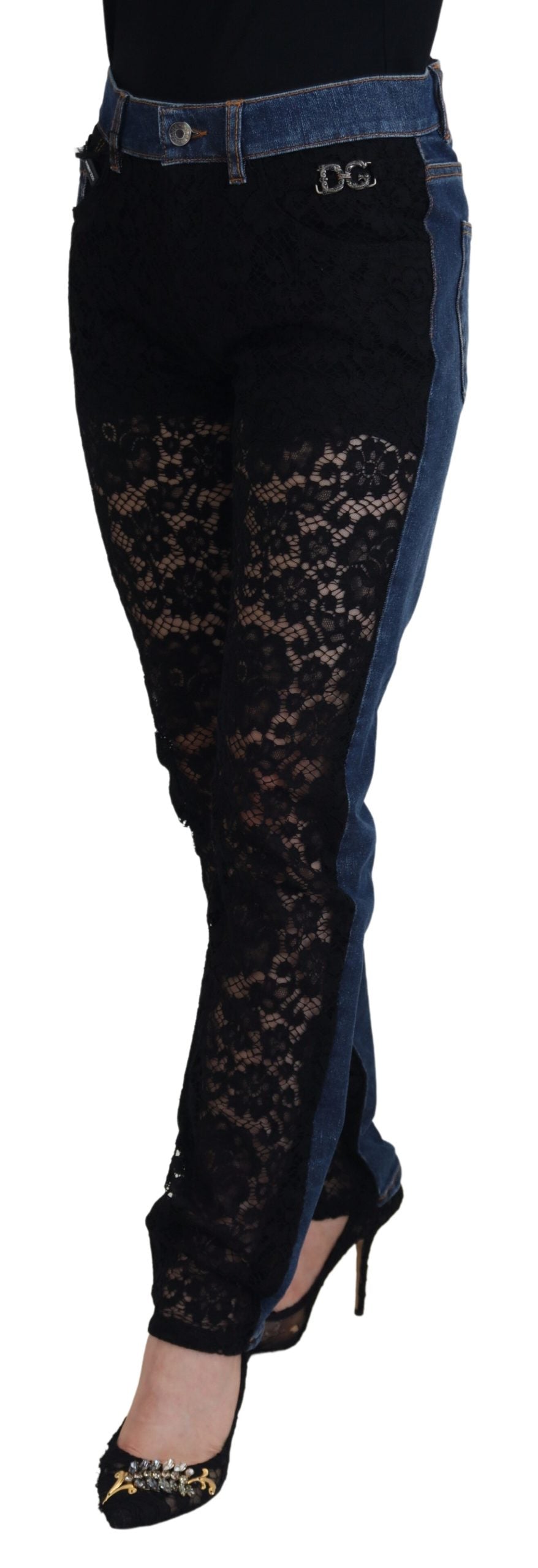 Dolce &amp; Gabbana Black Floral Lace Front Skinny Denim Jeans