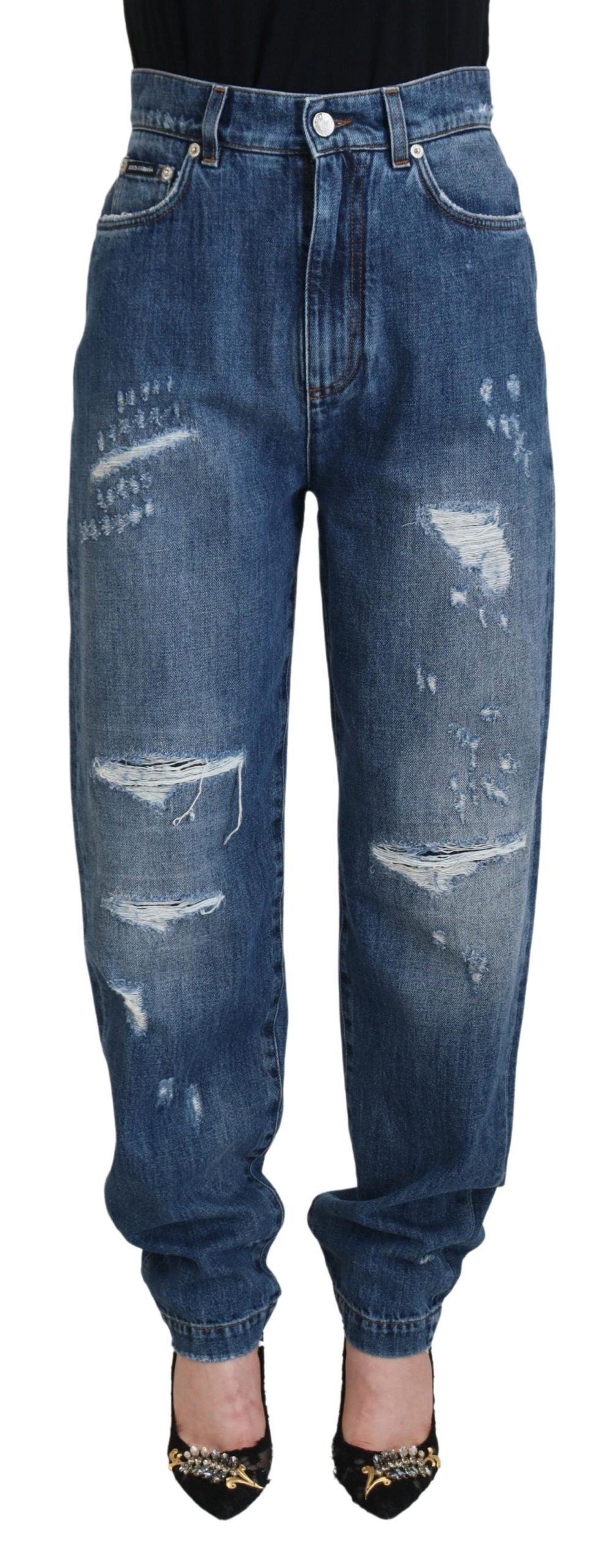 Dolce &amp; Gabbana Blue Washed Cotton Tattered Denim Jeans