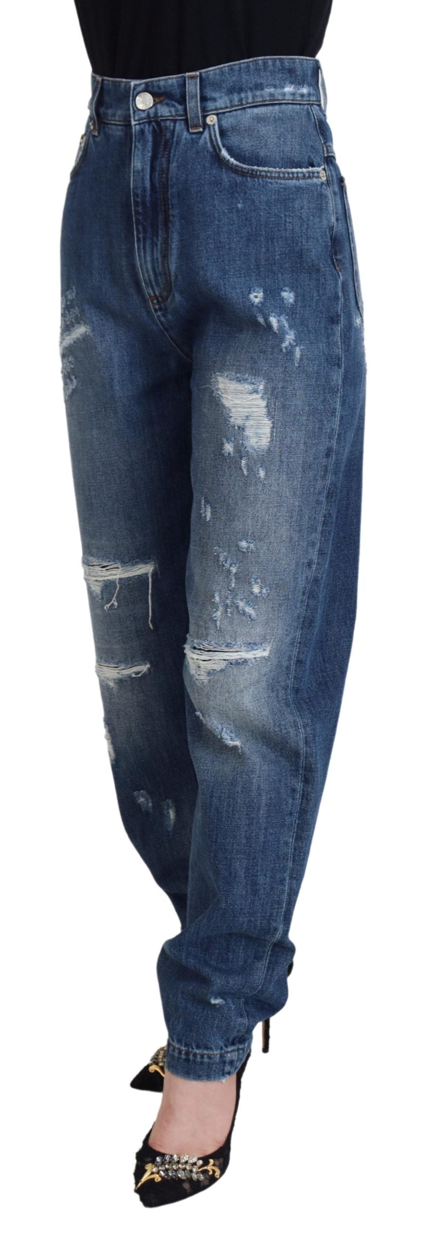 Dolce &amp; Gabbana Blue Washed Cotton Tattered Denim Jeans