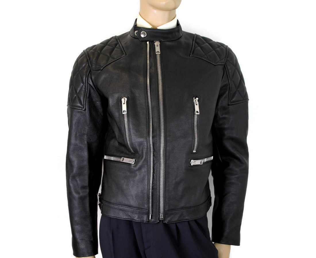 Burberry Burberry Herren-Bikerjacke aus schwarzem Leder mit Rautensteppung