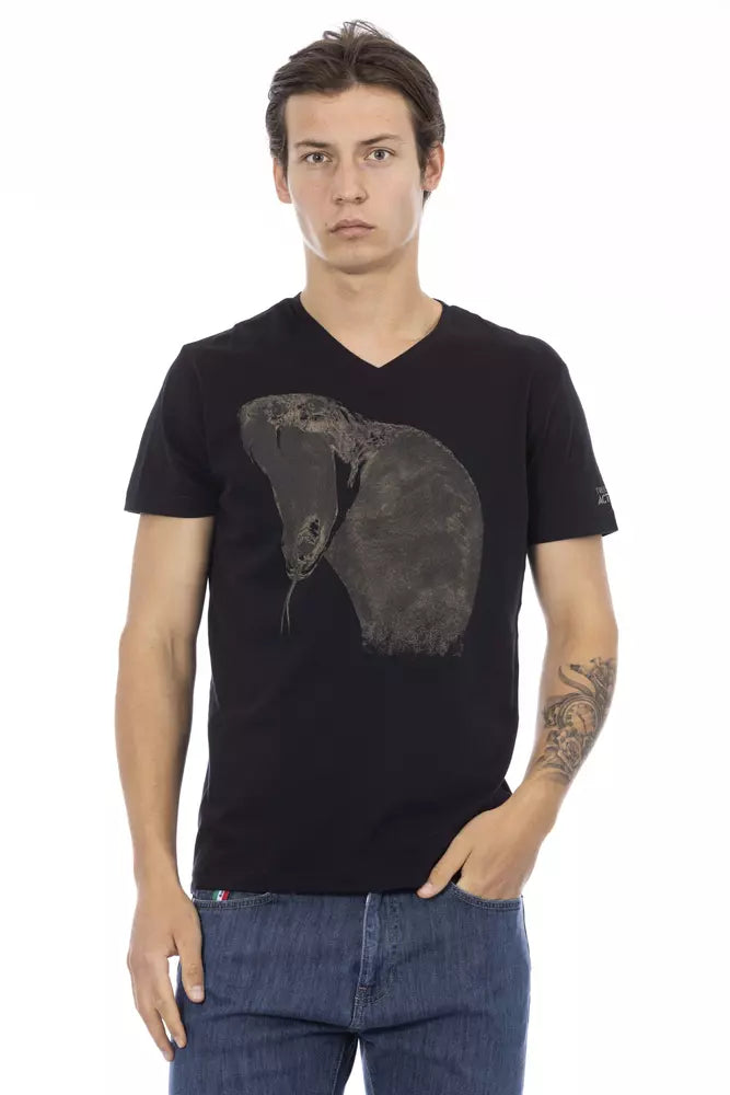 Trussardi Action Chic Black V-Neck Tee na may Naka-istilong Front Print