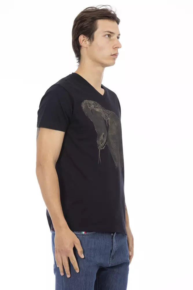 Trussardi Action Chic Black V-Neck Tee na may Naka-istilong Front Print