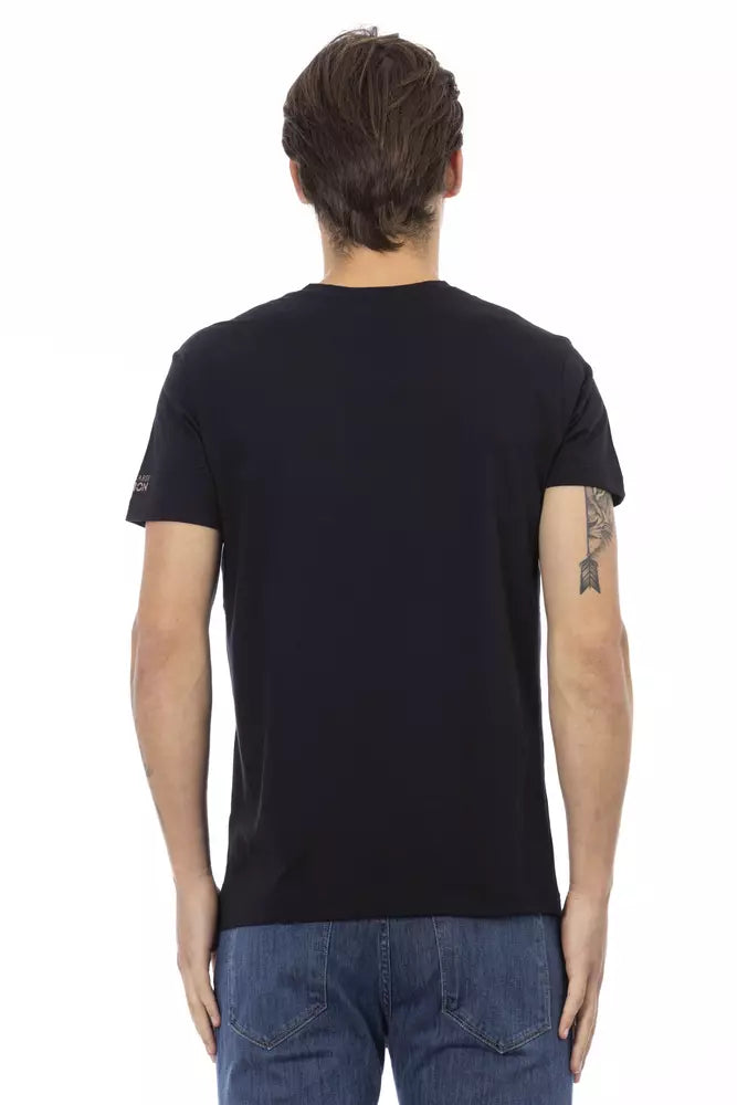 Trussardi Action Chic Black V-Neck Tee na may Naka-istilong Front Print