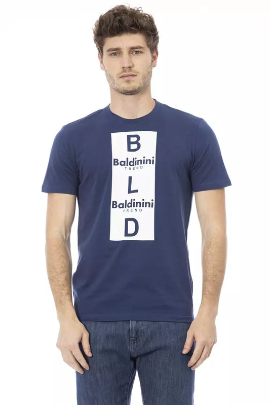 Baldinini Trend Chic Blue Cotton Tee na may Elegant na Print sa Harap