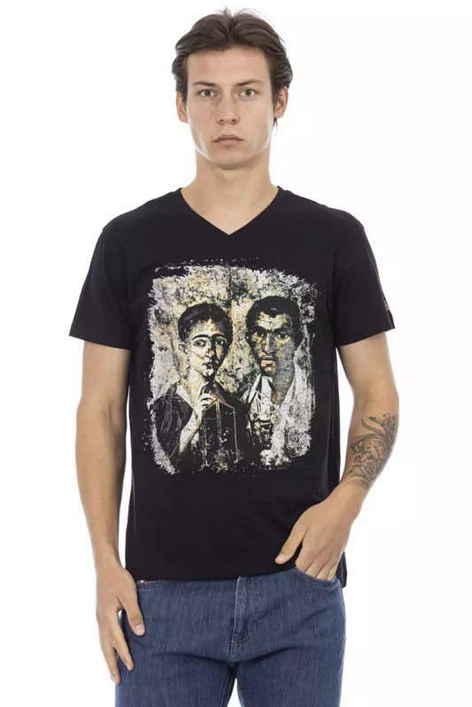 Trussardi Action Chic T-Shirt in Schwarz mit V-Ausschnitt und Aufdruck auf der Vorderseite