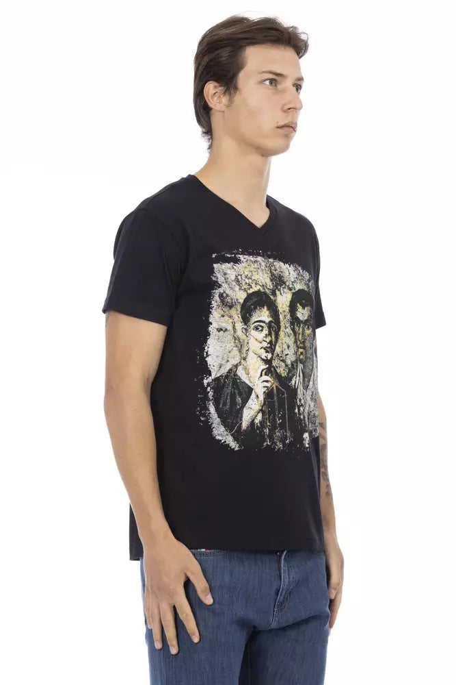 Trussardi Action Chic Black V-Neck Tee na may Front Print