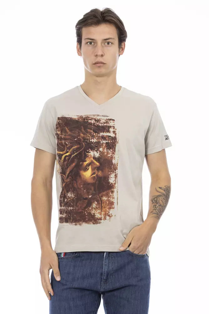 Trussardi Action Beige Kurzarm-T-Shirt mit V-Ausschnitt und Frontdruck