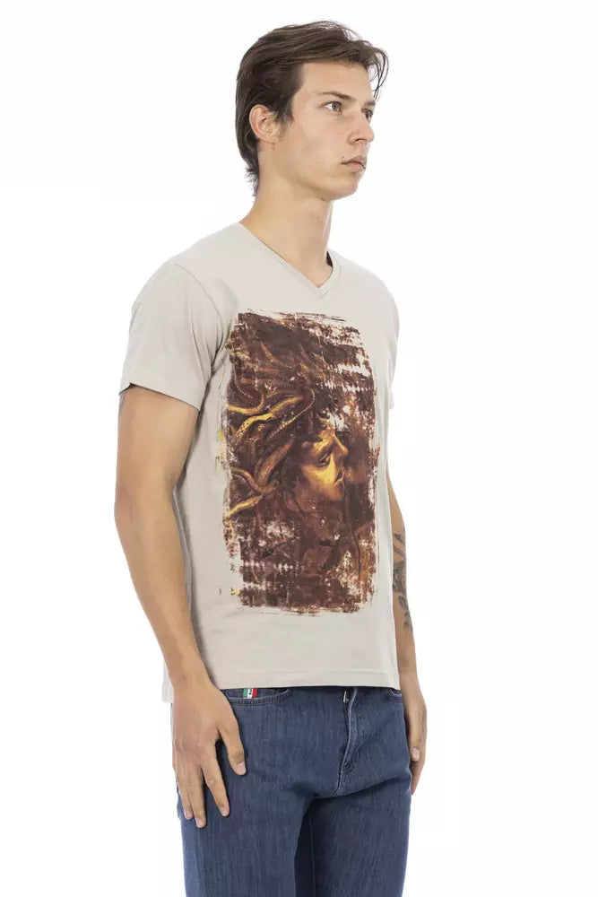 Trussardi Action Beige Kurzarm-T-Shirt mit V-Ausschnitt und Frontdruck