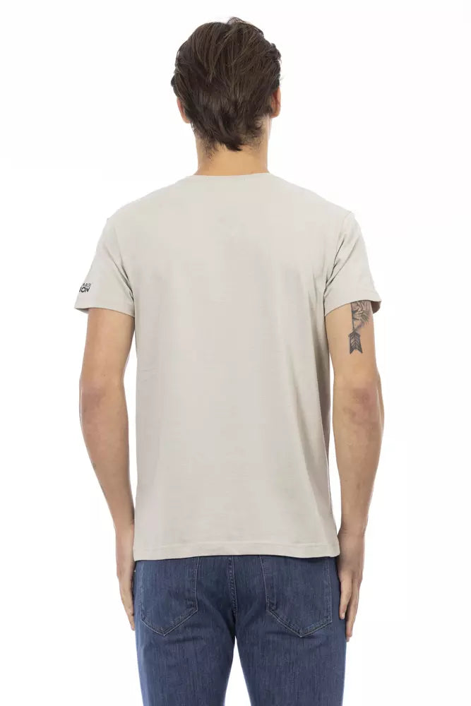 Trussardi Action Beige Kurzarm-T-Shirt mit V-Ausschnitt und Frontdruck