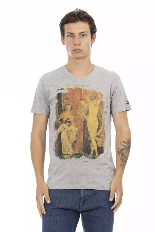 Trussardi Action Chic T-Shirt in Grau mit V-Ausschnitt und Aufdruck auf der Vorderseite