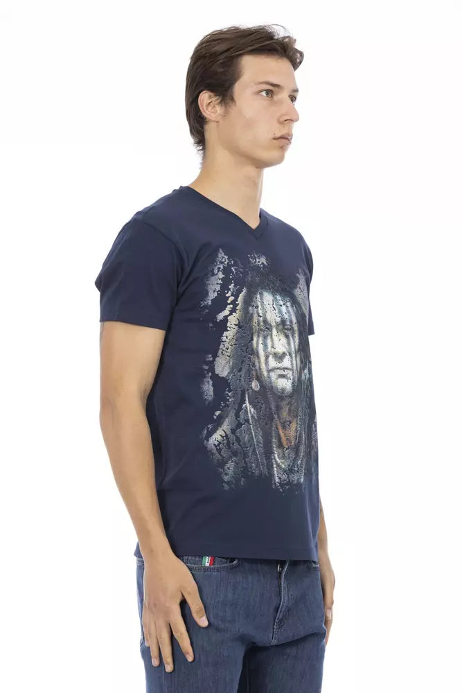 Trussardi Action Vibrant Blue V-Neck Tee na may Artistic Front Print