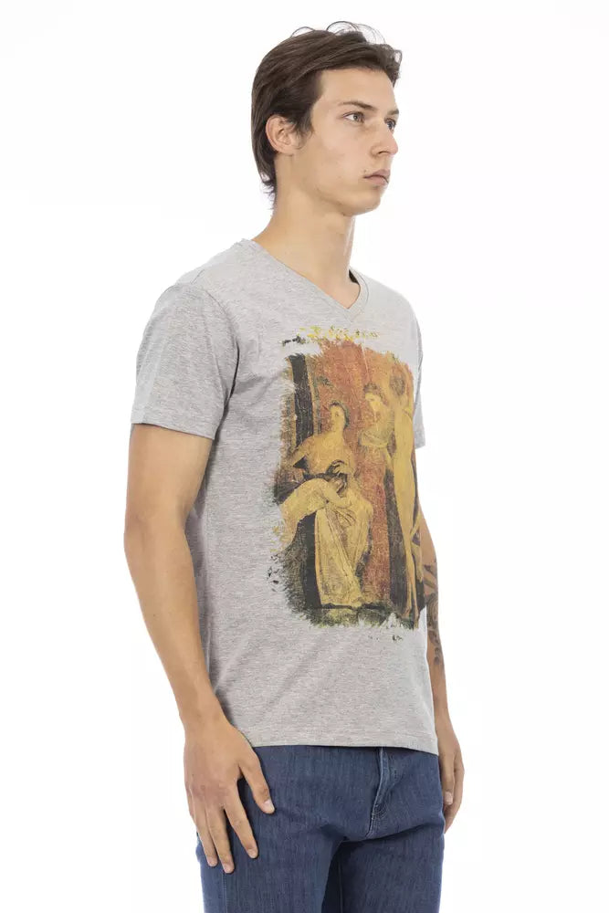 Trussardi Action Chic Gray V-Neck Tee na may Front Print