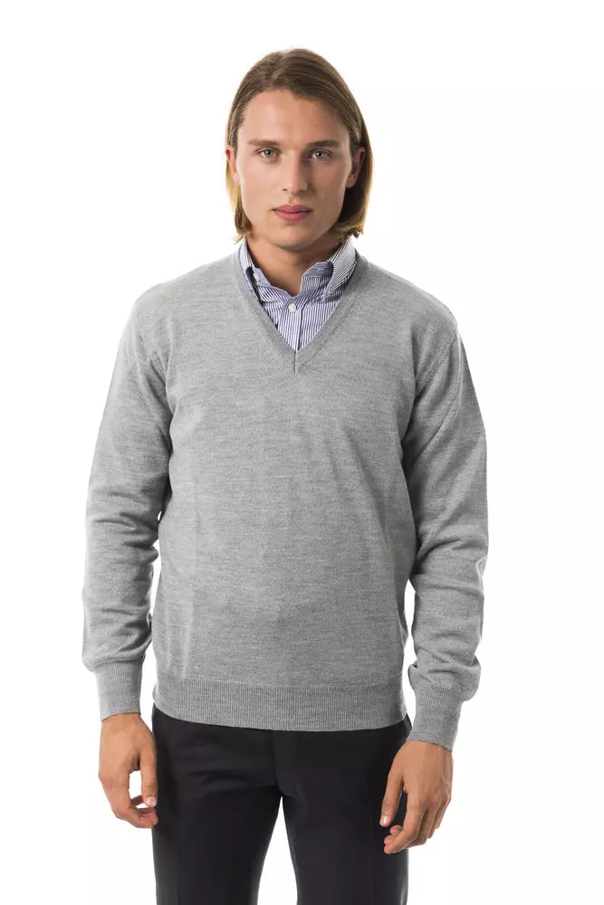 Uominitaliani Eleganter bestickter grauer Wollpullover mit V-Ausschnitt