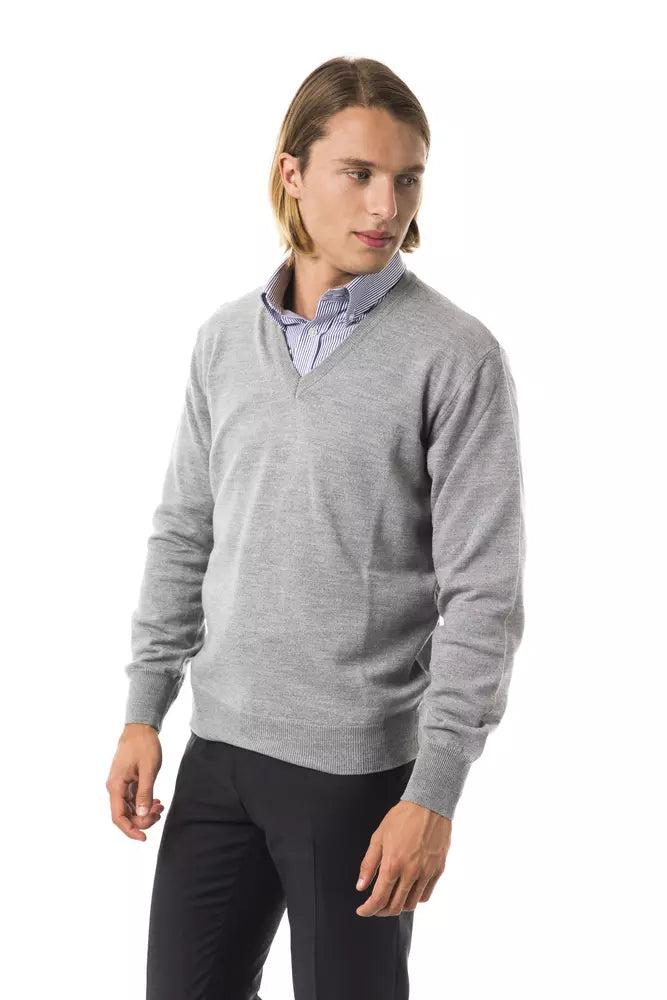 Uominitaliani Elegant Embroidered Grey Woolen V-Neck Sweater