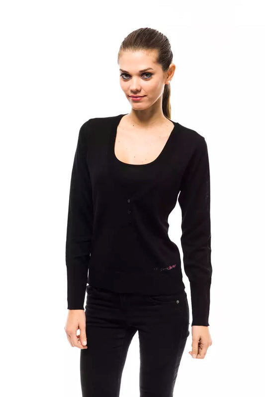 Ungaro Fever Elegant V-Neck Black Sweater na may Chic Accent