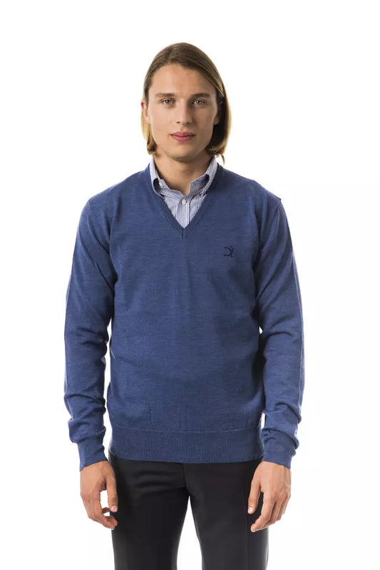 Uominitaliani Eleganter bestickter Pullover aus Merinowolle mit V-Ausschnitt