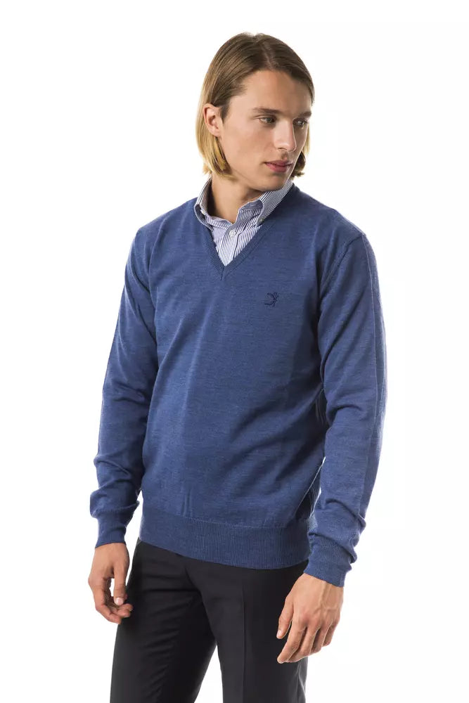 Uominitaliani Eleganter bestickter Pullover aus Merinowolle mit V-Ausschnitt