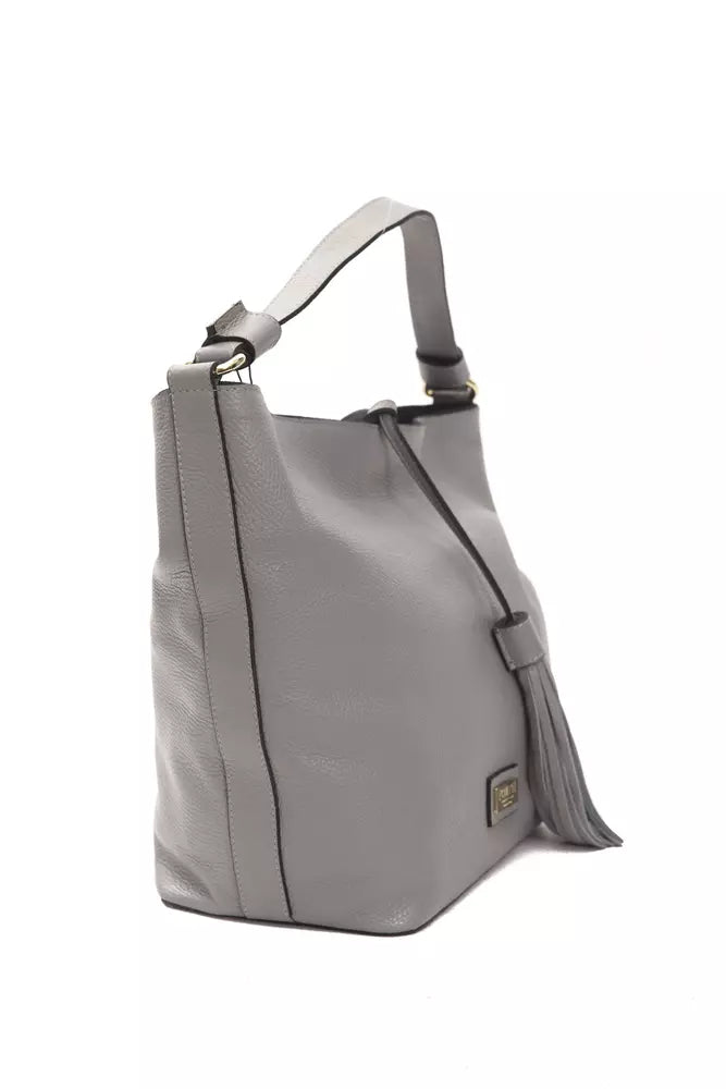 Pompei Donatella Chic Grey Leather Shoulder Bag na may Detalye ng Logo