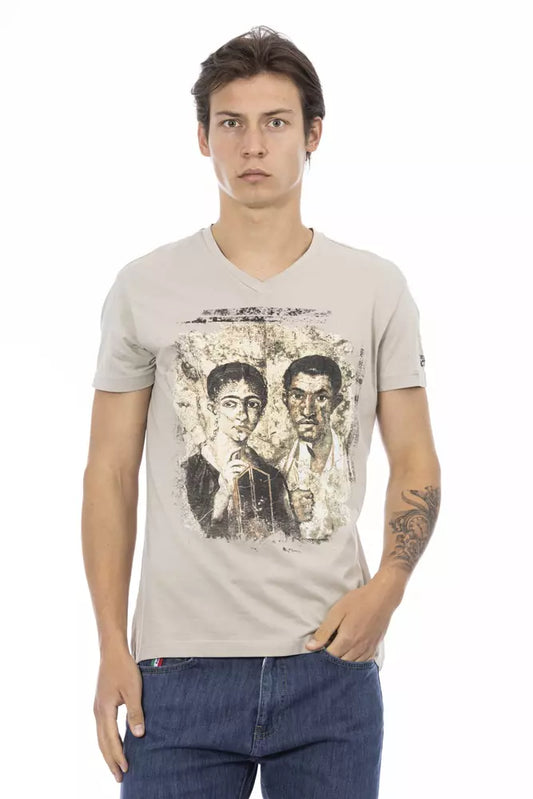 Trussardi Action Beige Kurzarm-T-Shirt mit V-Ausschnitt und Aufdruck auf der Vorderseite